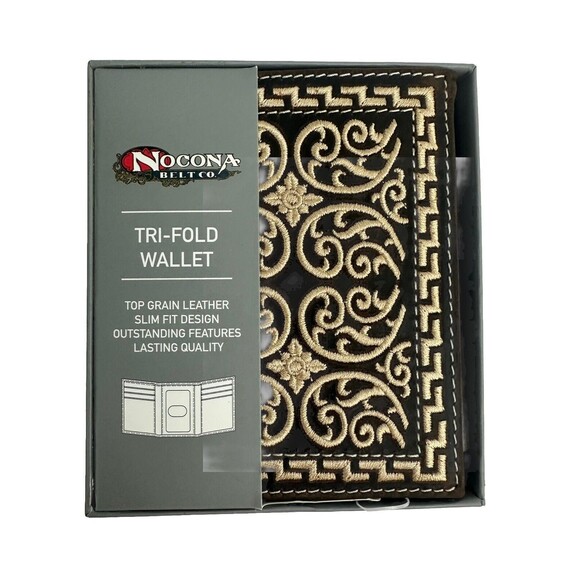 Nocona Men’s Western Trifold Wallet Leather Embroidered Stitch Brown New - Picture 1 of 12